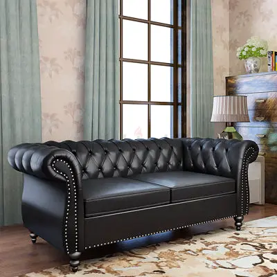 Black Chesterfield Leather 3-Seater Sofa