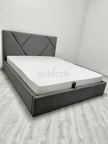 Brand New Grey upholstered bed frame with mattress (modern headboard)