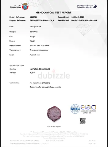 My Natural Ruby Rough (Corundum) — 287.90 ct with Dubai Gem Report