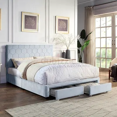 Hexagonal stich headboard 2 drawer queen bed