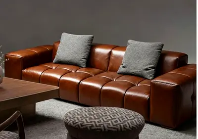 Stylish Brown Leather Sofa with Cushions