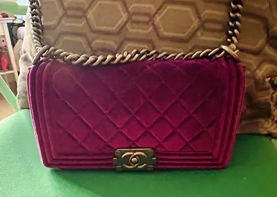 Chanel Medium Boy Bag – Purple Quilted Velvet with Ruthenium Hardware Authentic