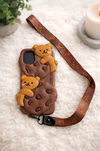 Cute bear cookie silicone phone case with lanyard strap