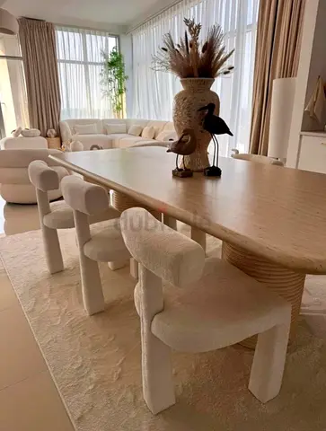 Dining Table, 6 Chairs Neutral Set . 2 stools side table ,stone middle coffee table . 240 cm *110 cm