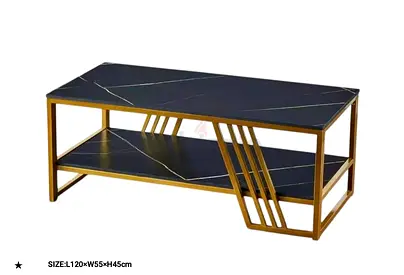 Modern black marble-look coffee table with gold frame (L120×W55×H45cm)