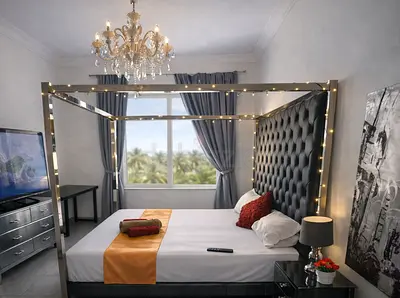 Available now. Palm master bedroom with private bathroom