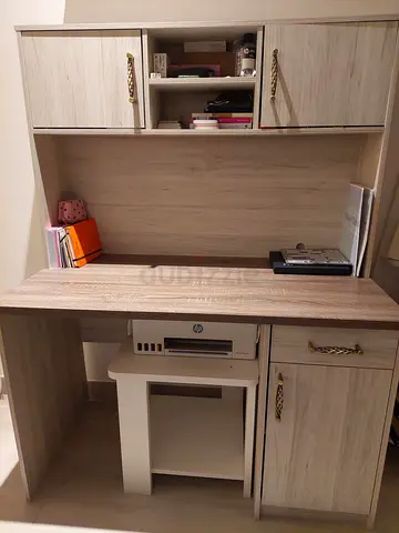 Compact Study/Computer Desk with Drawer and Cabinets. Light Oak