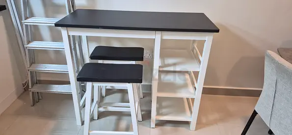 Kitchen island table with 2 stools - white frame, black top