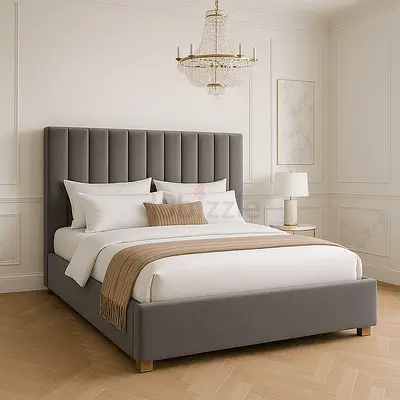 New grey upholstered platform bed with tall channeled headboard
