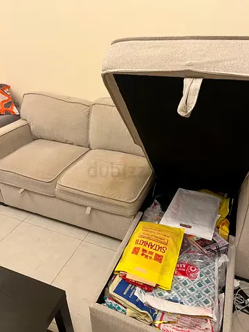 Beige fabric sofa with storage ottoman - used (great condition well maintained)