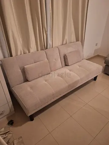 Beige 3-Seater Fabric Sofa Bed (Futon) - Best Condition. Foldable.