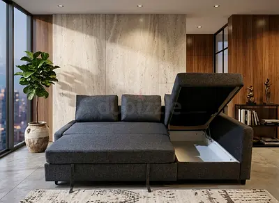 Premium L-Shape Sofa • Stylish grey fabric • Comfortable back pillows • Storage box inside • Durable