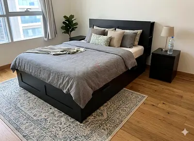 KEA Bed Frame with Side Tables – Good Condition • Modern black design • Strong wooden frame • Includ