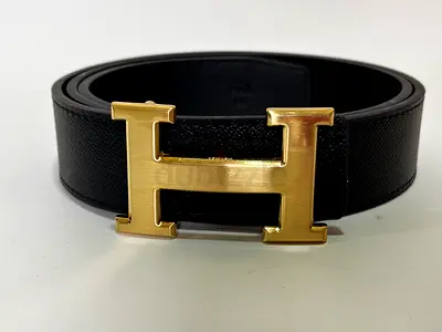 Hermes Black Textured Belt with Brushed Gold Buckle !!