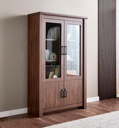 My walnut glass-front cabinet — bookshelf  display unit