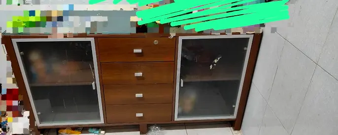 Wooden Cabinet with Glass Doors and Drawers