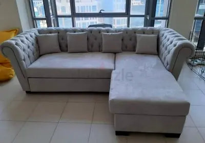Elegant Grey Velvet Sofa with Chaise