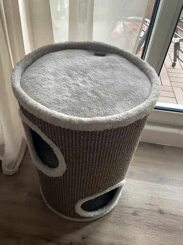 Soft round plush cat play tower with bed - height 58cm , diameter 38cm (as new)