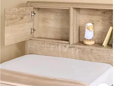 Single Bed with Built-in Storage Headboard (Light Oak/Beige) with mattress
