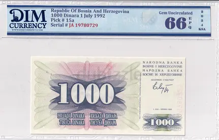 Bosnia and Herzegovina Banknote 1000 Dinara 1992 DIM 50 AED