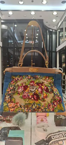 My floral tapestry handbag with leather trim  denim panels