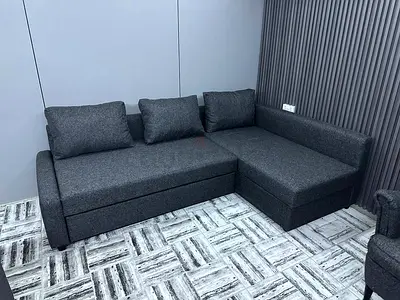 Convertible L-Shape Sofa • Easily turns into a bed • Comfortable back cushions • Premium fabric fini