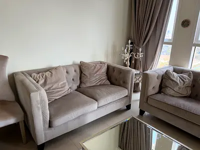 Light grey tufted sofa set solid wood (2-seater + 3 seater)  and 1 coffee table and 1 side table