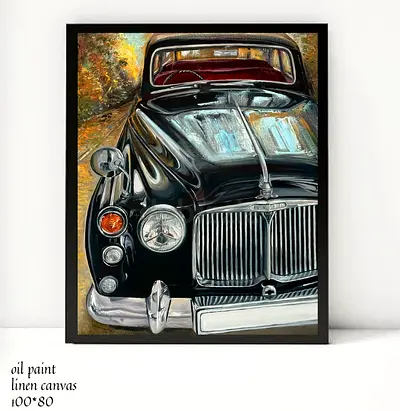 Oil Interior Painting “Black Vintage Drive” — Hyperrealistic Vintage Car (100×80 cm)