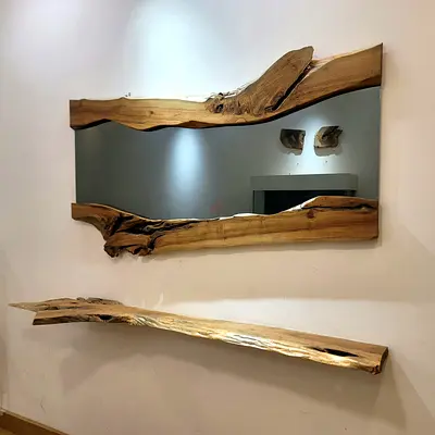 Natural Wooden Wall Mirror With Floating Shelf