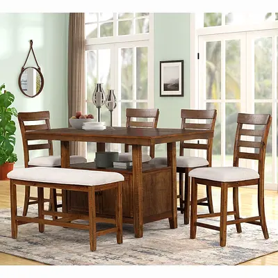 7-Piece Wooden Dining Set with Bench - Rustic Finish