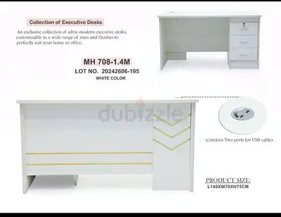 White Executive Office table Desk (3-Drawer) — 140 x 70 x 75 cm