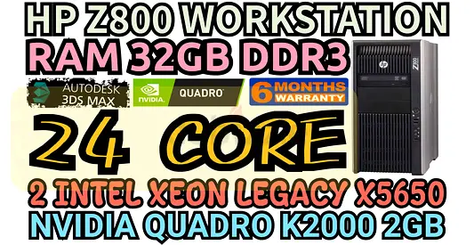 HP Z800 WORKSTATION 24 CORE DUAL INTEL XEON X5650 RAM 32GB DDR3 NVIDIA QUADRO K2000 2GB DDR5