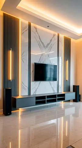 ​Luxury Marble  Slatted TV Wall Design