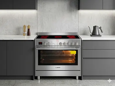 Bosch Series 8 Electric ceramic  5 HOBS OVEN DUAL FAN Cooker 90 Cm, Glass Ceramic Hob, HCB738357M,