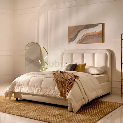 Brand newcream upholstered bed frame with padded headboard with customization options in colours s