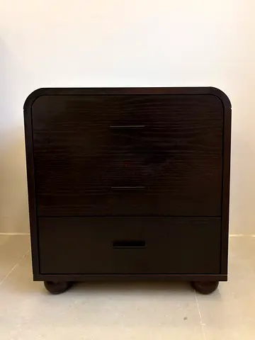 Dark wood 3-drawer bedside table — excellent condition