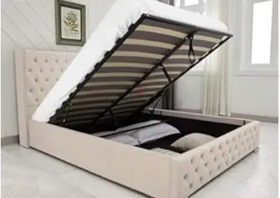 Modern elegant beige colour king size bed with hydrolic storage