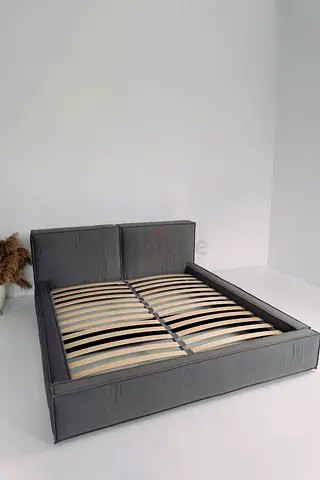 Stylish Gray Bed Frame with Wooden Slats