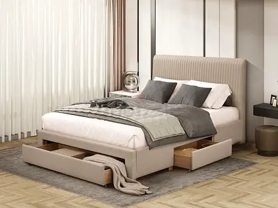 Warm beige linen fabric 4 drawers twin bed