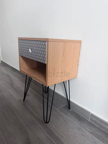 Wooden bedside table (nightstand) with drawer and black metal legs
