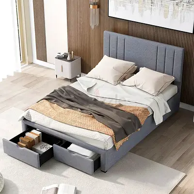 Straight lines headboard queen 2 front drawers bed