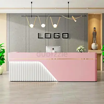 ​Modern Pink  White LED Reception Desk with Fluted Accent