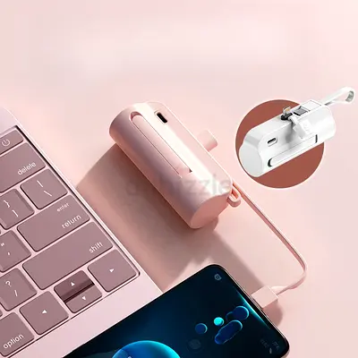 Mini Portable Power Bank with Built-in Cable - Pink