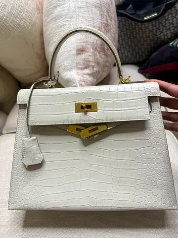 Cream croc-embossed top-handle handbag with gold hardware