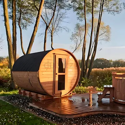 Luxury 8-person Outdoor Barrel Sauna Red Cedar material with Harvia Stove