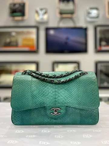 Chanel Turquoise Python Jumbo Classic Double Flap Bag (Authentic/PreOwned)
