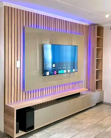 Modern Slatted Wood Entertainment Hub