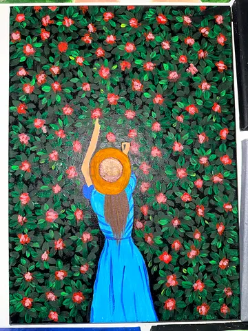 Colorful Floral Painting with Woman in Blue Dress
