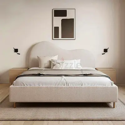 Upholstered bed frame with curved headboard (cream) - used, very good