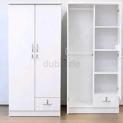 White 2-Door Wardrobe with Shelves, Hanging Rail and Drawer